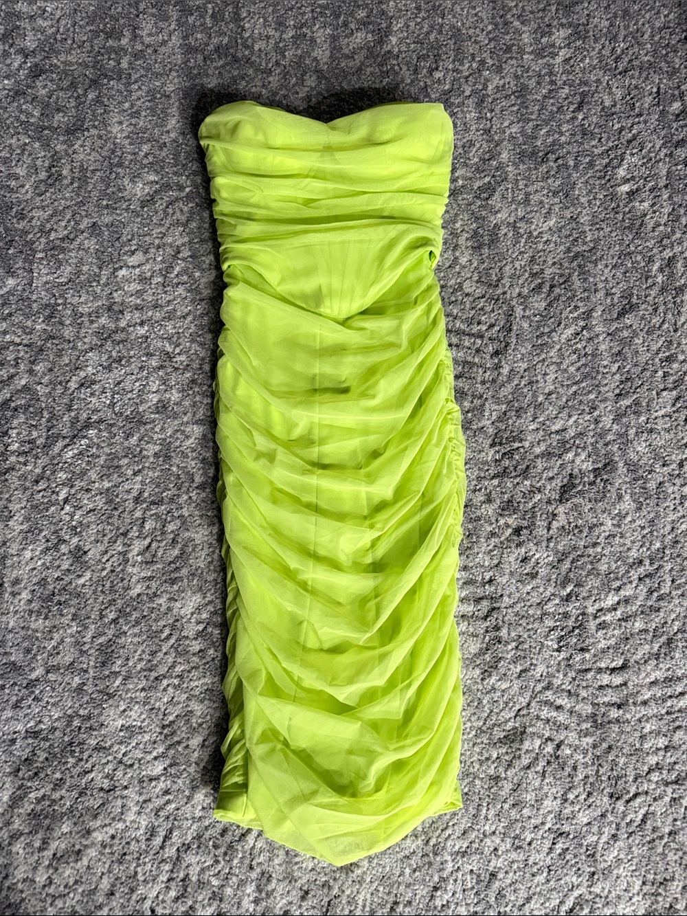 Oh Polly Neon Lime Strapless Ruched Bodycon Midi Dress - Picture 3 of 8